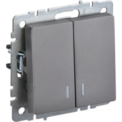 IEK BRITE Выключатель 2-клавишный с индикацией 10А ВС10-2-1-БрС сталь