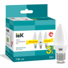 IEK Лампа светодиодная C35 свеча 7Вт 230В 4000К E14 (3шт/упак)