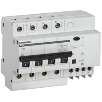 IEK Дифференциальный автоматический выключатель АД14 4Р 32А 300мА GENERICA - MAD15-4-032-C-300 IEK Дифференциальный автоматический выключатель АД14 4Р 32А 300мА GENERICA - MAD15-4-032-C-300