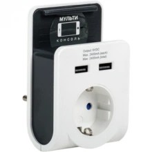 IEK Адаптер Т-02/01 1 место 2P+PE 16А 2хUSB 2,4А с подставкой белый